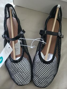 a new day Black Mesh Mary Jane Flats with White Lining